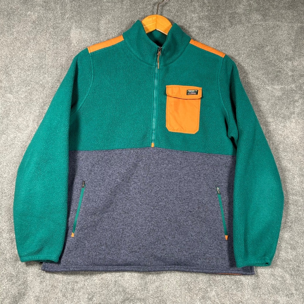 LL Bean Sherpa 1/2 1/4 Zip Hybrid Fleece Pullover Men XL Blue Orange Color Block